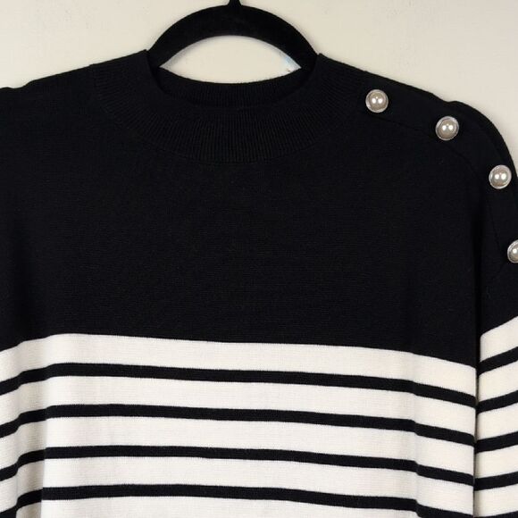 Talbot's Mock Neck Striped Black and White Pearl Button-Shoulder Sweater Size XL - Picture 6 of 10